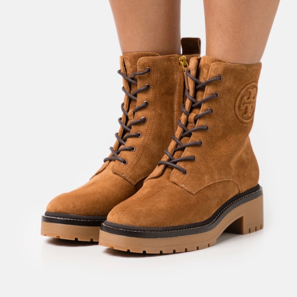 Tory Burch Cognac Suede Lace-Up Platform Ankle Boots